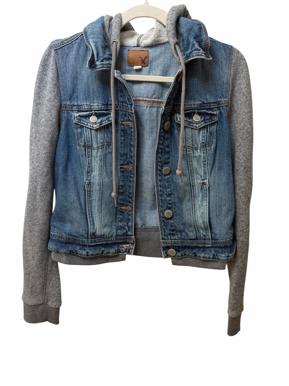 American Eagle Outfitters Blue Denim Jacket with Gray Hood & Sleeves